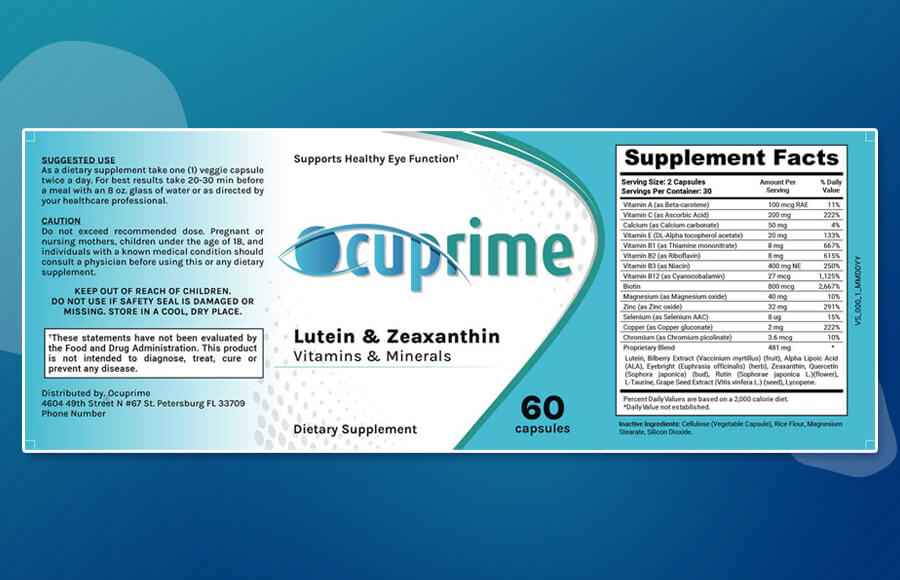 OcuPrime Supplement Facts Label